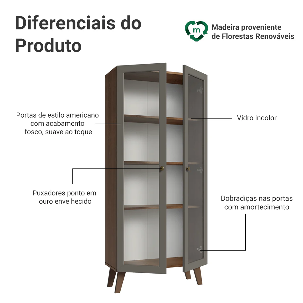 Cristaleira 70 cm 2 Portas de Vidro com Pés Trapézio Rustic/Cinza/Rustic Vik Madesa - Image 4