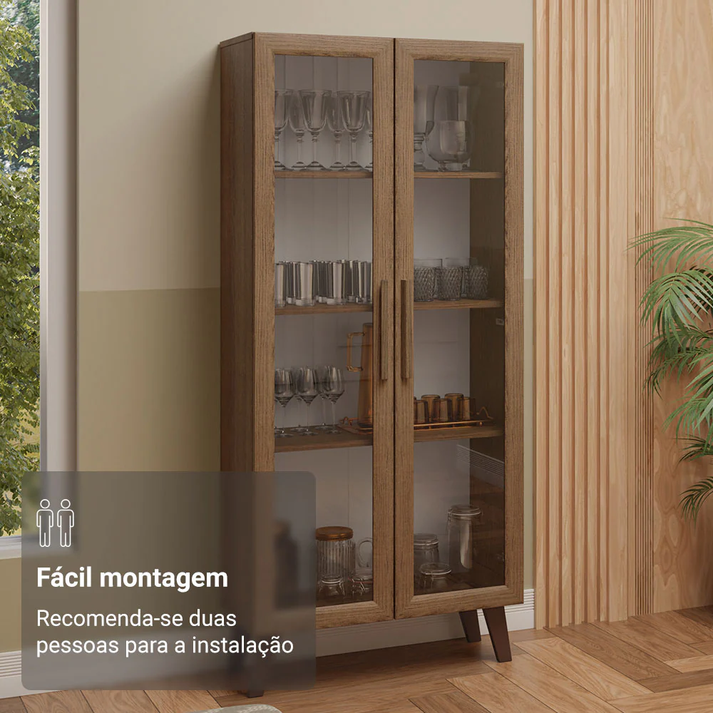 Cristaleira 70 cm 2 Portas de Vidro com Pés Trapézio Rustic/Marrom Madesa - Image 5