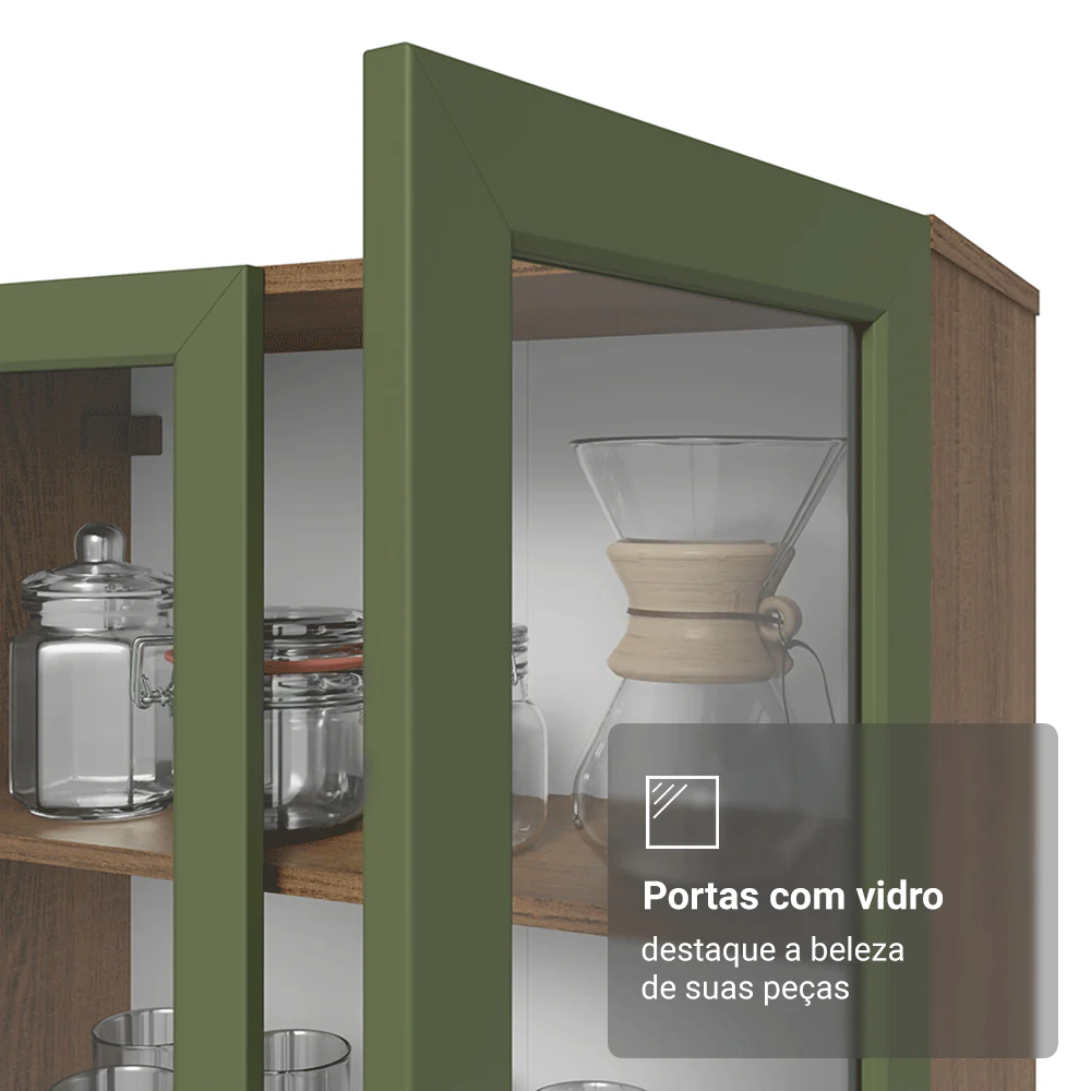 Cristaleira 70 cm 2 Portas de Vidro com Pés Trapézio Rustic/Verde/Rustic Vik Madesa - Image 7