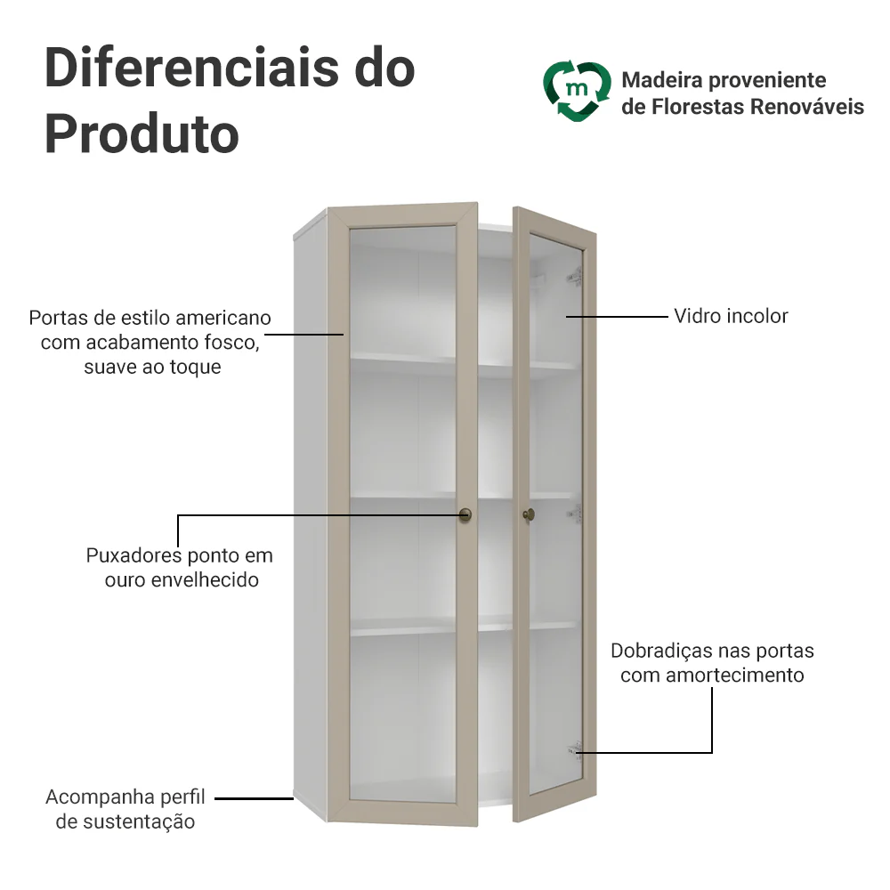 Cristaleira Suspensa 70 cm 2 Portas de Vidro Branco/Crema Vik Madesa - Image 4