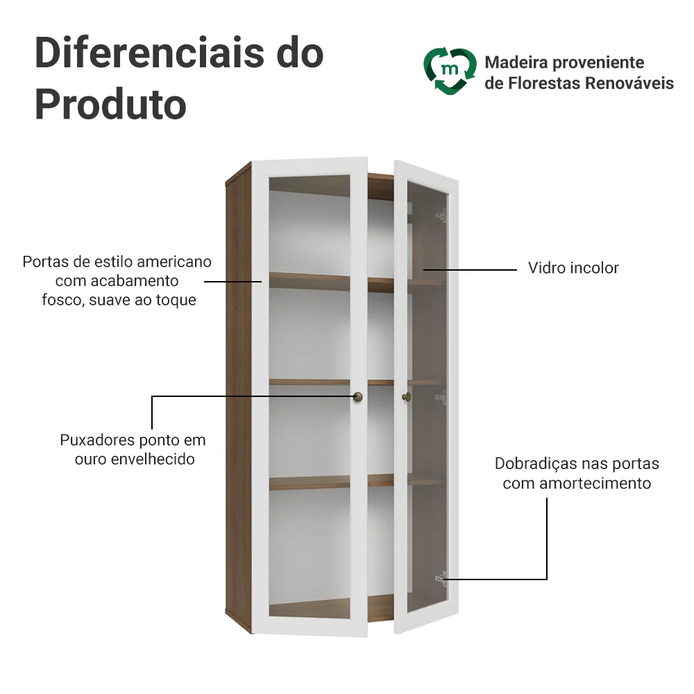 Cristaleira Suspensa 70 cm 2 Portas de Vidro Rustic/Branco Vik Madesa - Image 4
