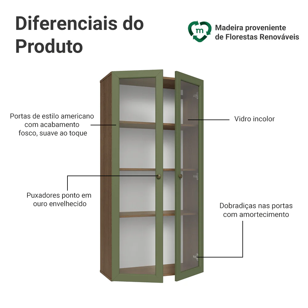 Cristaleira Suspensa 70 cm 2 Portas de Vidro Rustic/Verde Vik Madesa - Image 4