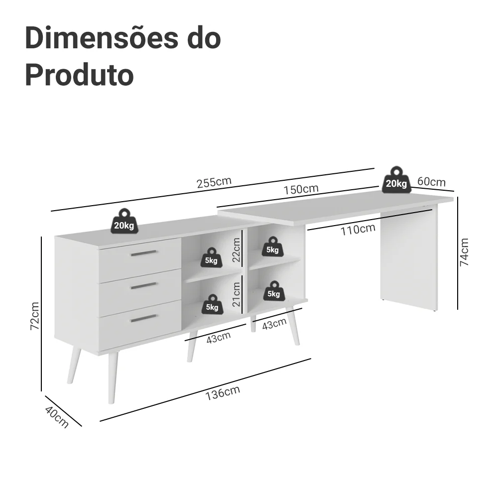 Escrivaninha Em L Mesa Para Computador Gamer 3 Gavetas Branco Lisboa Madesa - Image 3