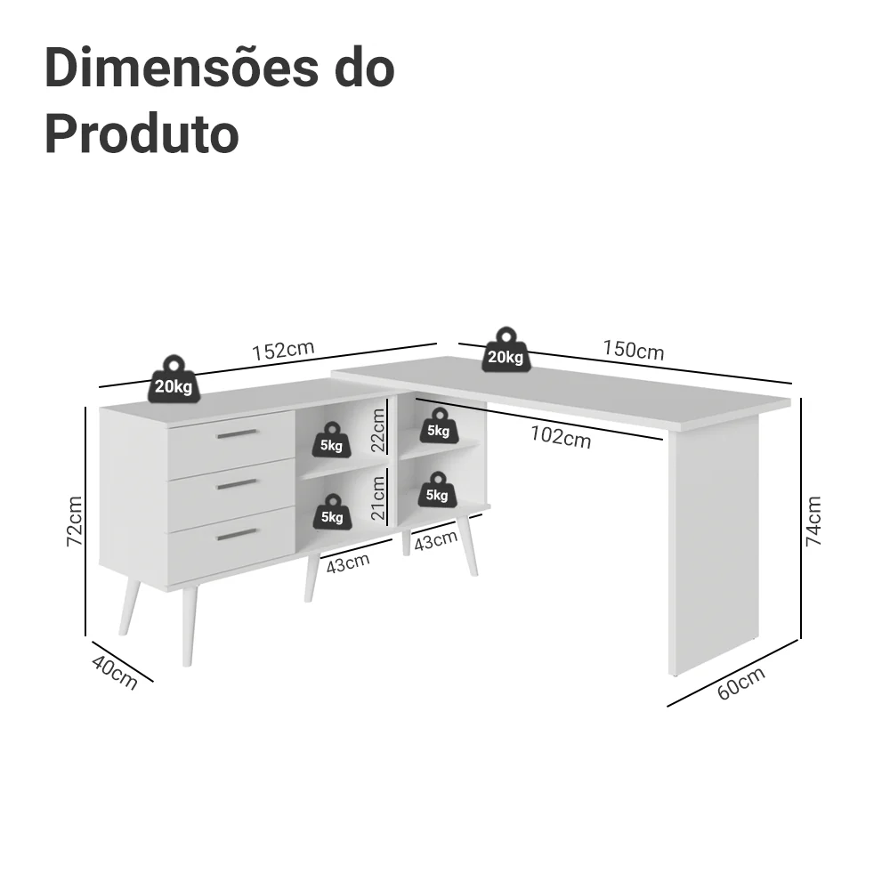 Escrivaninha Em L Mesa Para Computador Gamer 3 Gavetas Branco Lisboa Madesa - Image 4