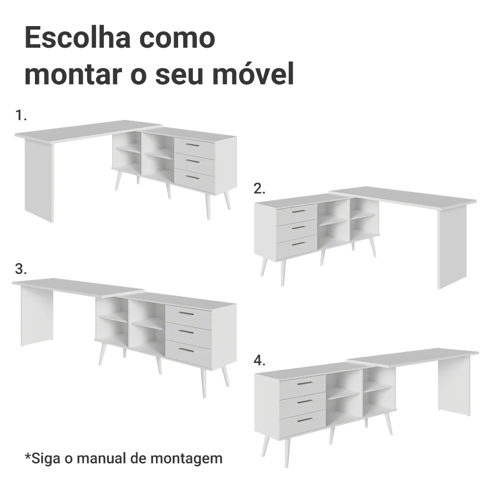 Escrivaninha Em L Mesa Para Computador Gamer 3 Gavetas Branco Lisboa Madesa - Image 6