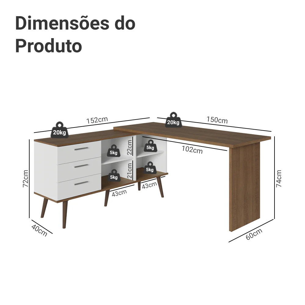Escrivaninha Em L Mesa Para Computador Gamer 3 Gavetas Branco/Rustic Lisboa Madesa - Image 3