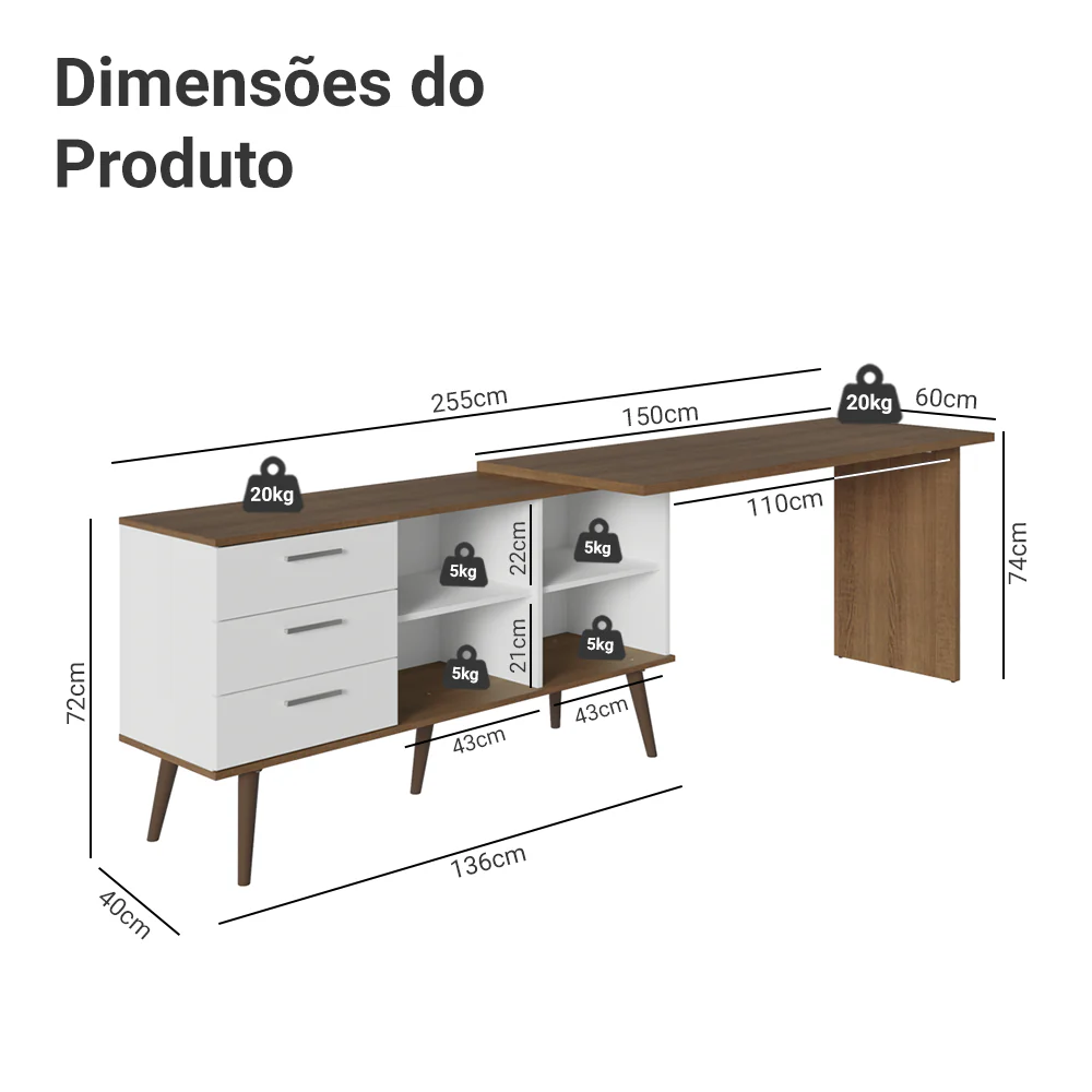 Escrivaninha Em L Mesa Para Computador Gamer 3 Gavetas Branco/Rustic Lisboa Madesa - Image 4