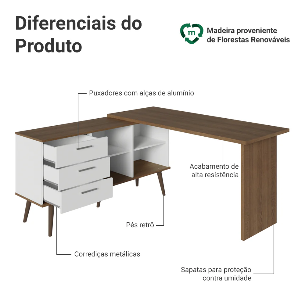 Escrivaninha Em L Mesa Para Computador Gamer 3 Gavetas Branco/Rustic Lisboa Madesa - Image 5
