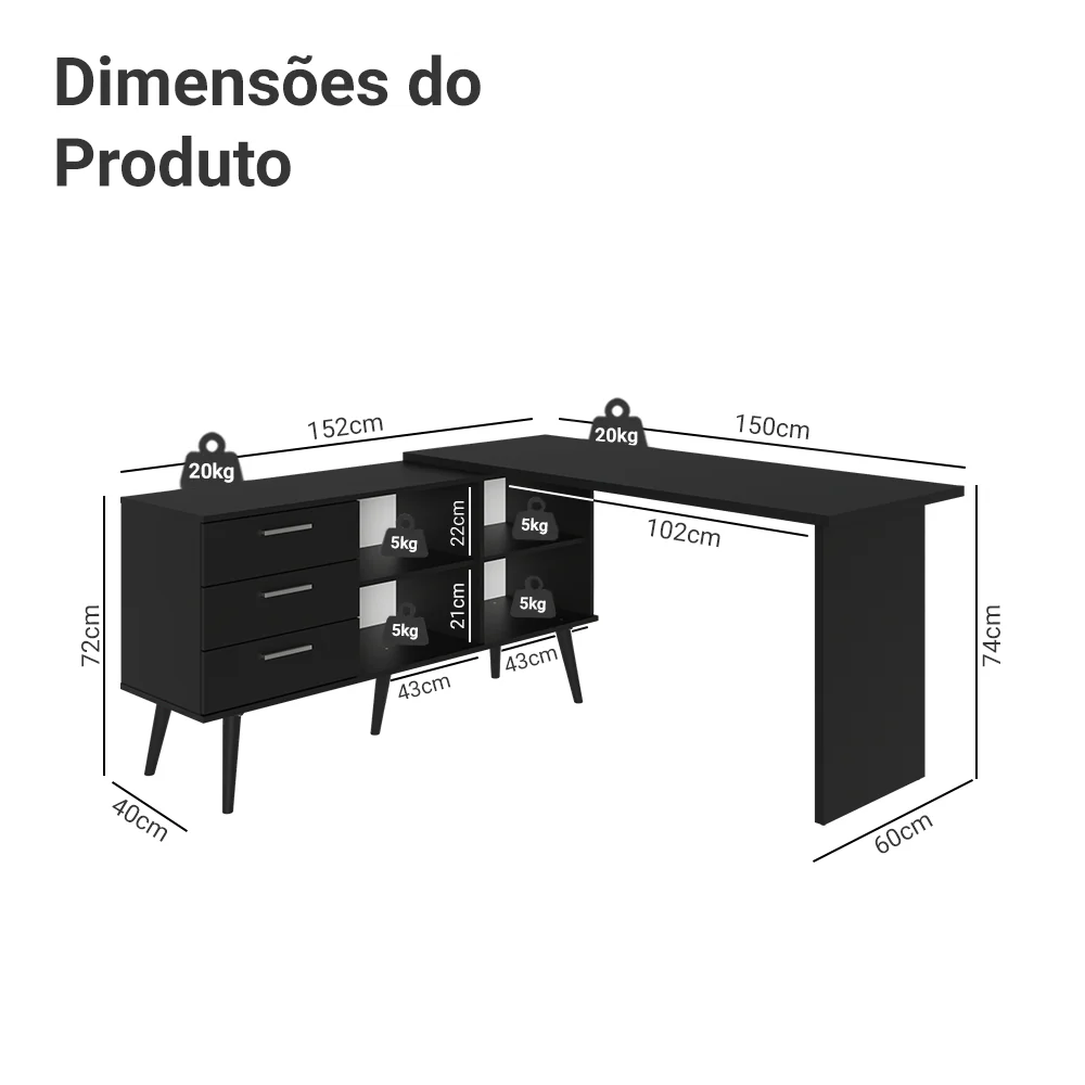 Escrivaninha Em L Mesa Para Computador Gamer 3 Gavetas Preto Lisboa Madesa - Image 3