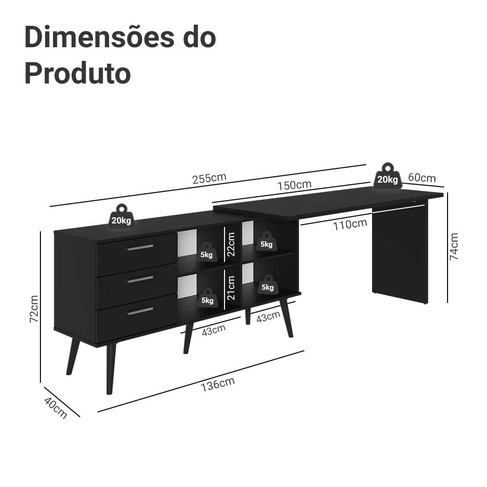 Escrivaninha Em L Mesa Para Computador Gamer 3 Gavetas Preto Lisboa Madesa - Image 4