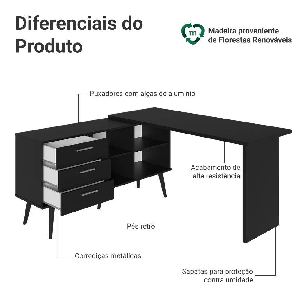 Escrivaninha Em L Mesa Para Computador Gamer 3 Gavetas Preto Lisboa Madesa - Image 5