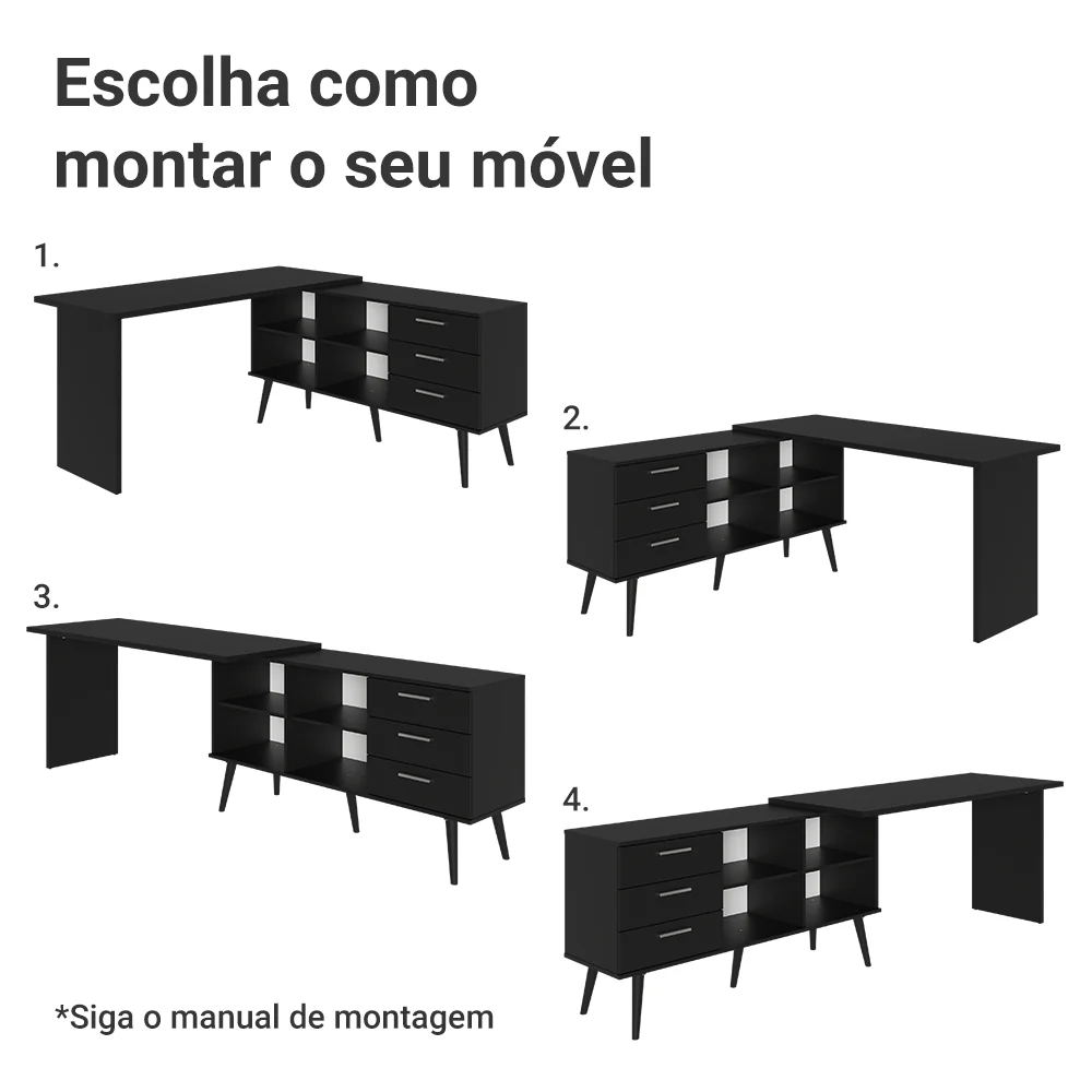 Escrivaninha Em L Mesa Para Computador Gamer 3 Gavetas Preto Lisboa Madesa - Image 6