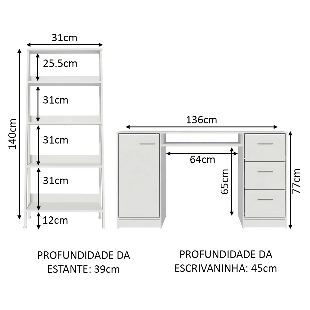 Escrivaninha Madesa Alaska + Estante Escada Branco - Image 3