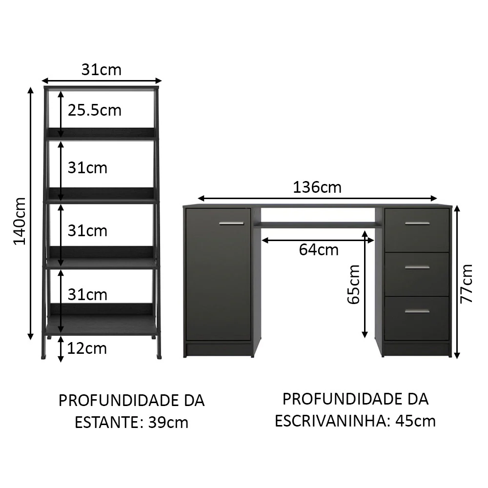 Escrivaninha Madesa Alaska + Estante Escada Preto - Image 3