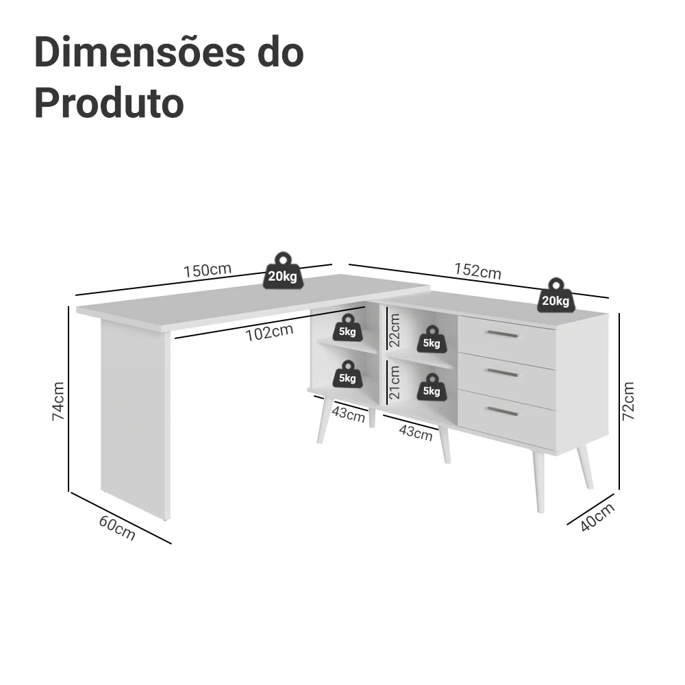 Escrivaninha Mesa de Escritório de Canto 3 Gavetas Branca Lisboa Madesa - Image 3