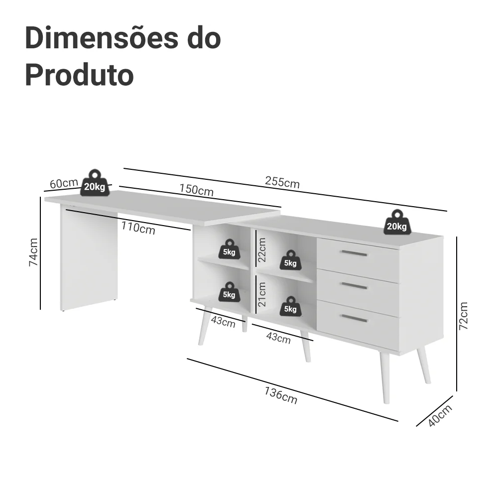 Escrivaninha Mesa de Escritório de Canto 3 Gavetas Branca Lisboa Madesa - Image 4