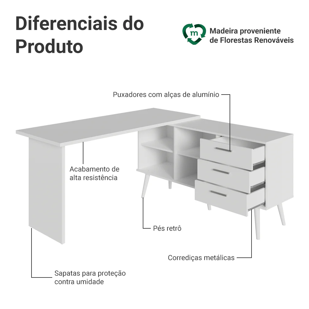 Escrivaninha Mesa de Escritório de Canto 3 Gavetas Branca Lisboa Madesa - Image 5