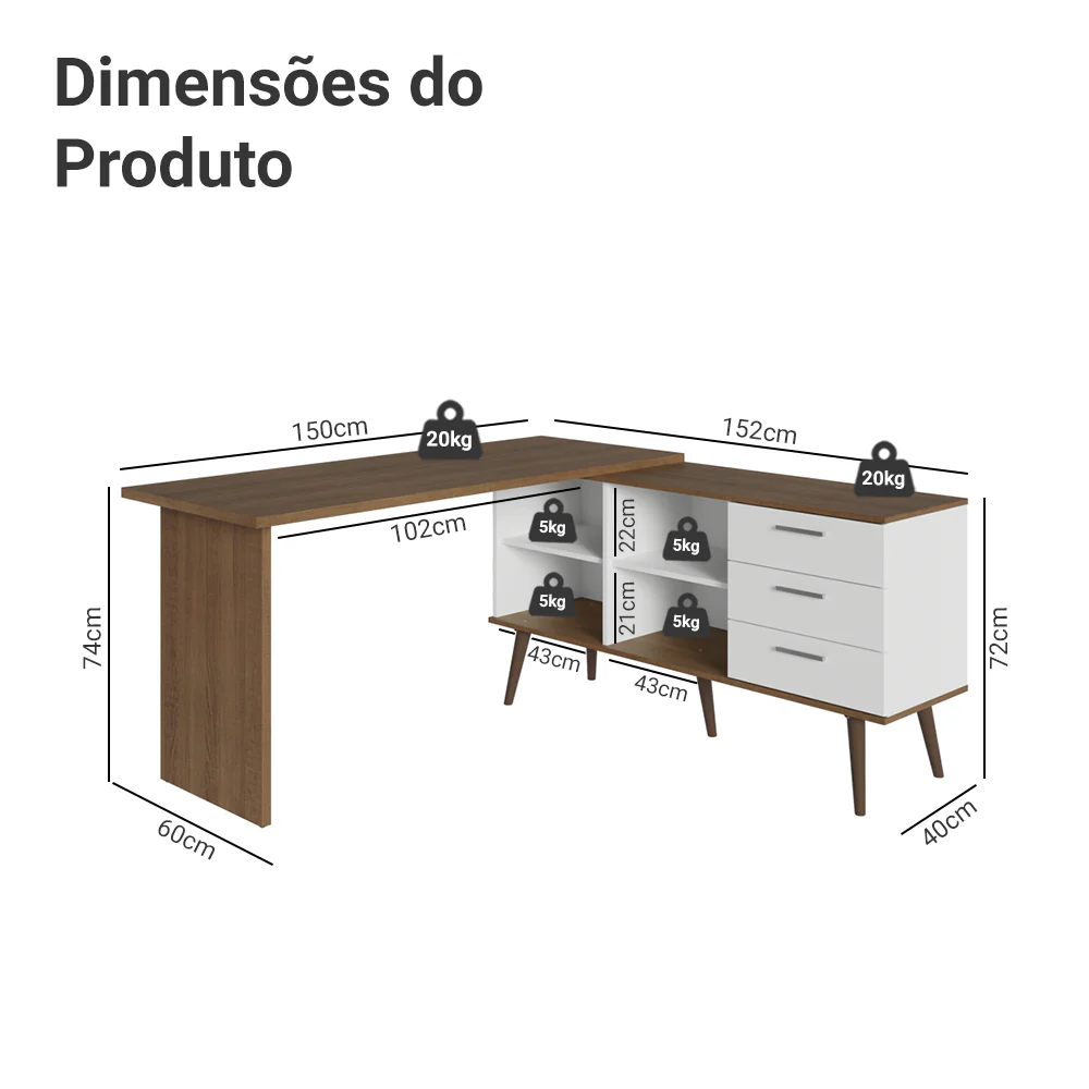 Escrivaninha Mesa de Escritório de Canto 3 Gavetas Branco/Rustic Lisboa Madesa - Image 3