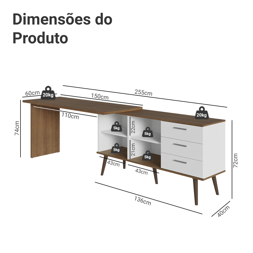Escrivaninha Mesa de Escritório de Canto 3 Gavetas Branco/Rustic Lisboa Madesa - Image 4