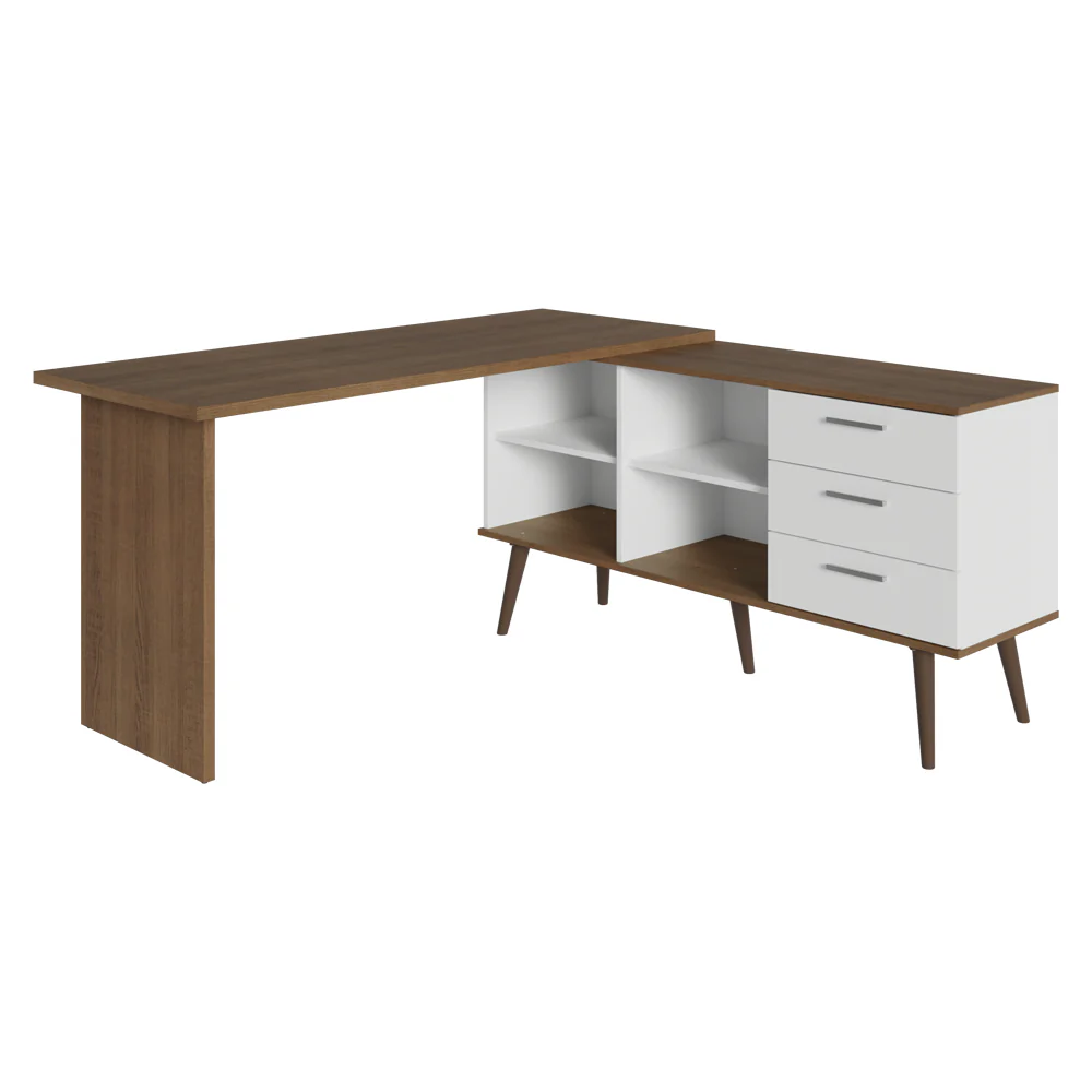 Escrivaninha Mesa de Escritório de Canto 3 Gavetas Branco/Rustic Lisboa Madesa - Image 9