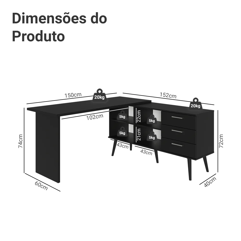 Escrivaninha Mesa de Escritório de Canto 3 Gavetas Preto Lisboa Madesa - Image 3