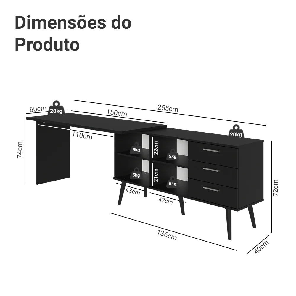 Escrivaninha Mesa de Escritório de Canto 3 Gavetas Preto Lisboa Madesa - Image 4