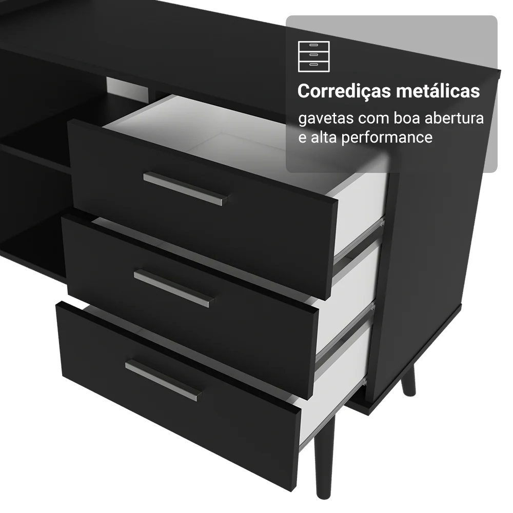 Escrivaninha Mesa de Escritório de Canto 3 Gavetas Preto Lisboa Madesa - Image 7