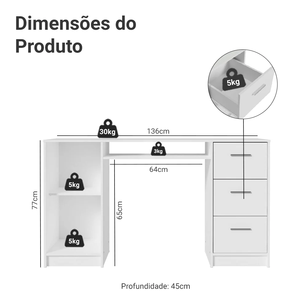 Escrivaninha Penteadeira 136cm 1 Porta 3 Gavetas Branco Madesa - Image 3