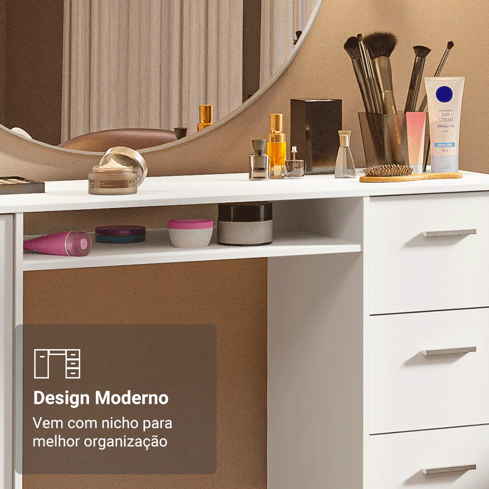 Escrivaninha Penteadeira 136cm 1 Porta 3 Gavetas Branco Madesa - Image 6