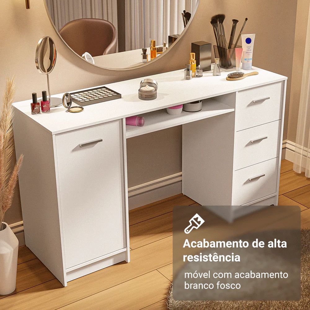 Escrivaninha Penteadeira 136cm 1 Porta 3 Gavetas Branco Madesa - Image 7