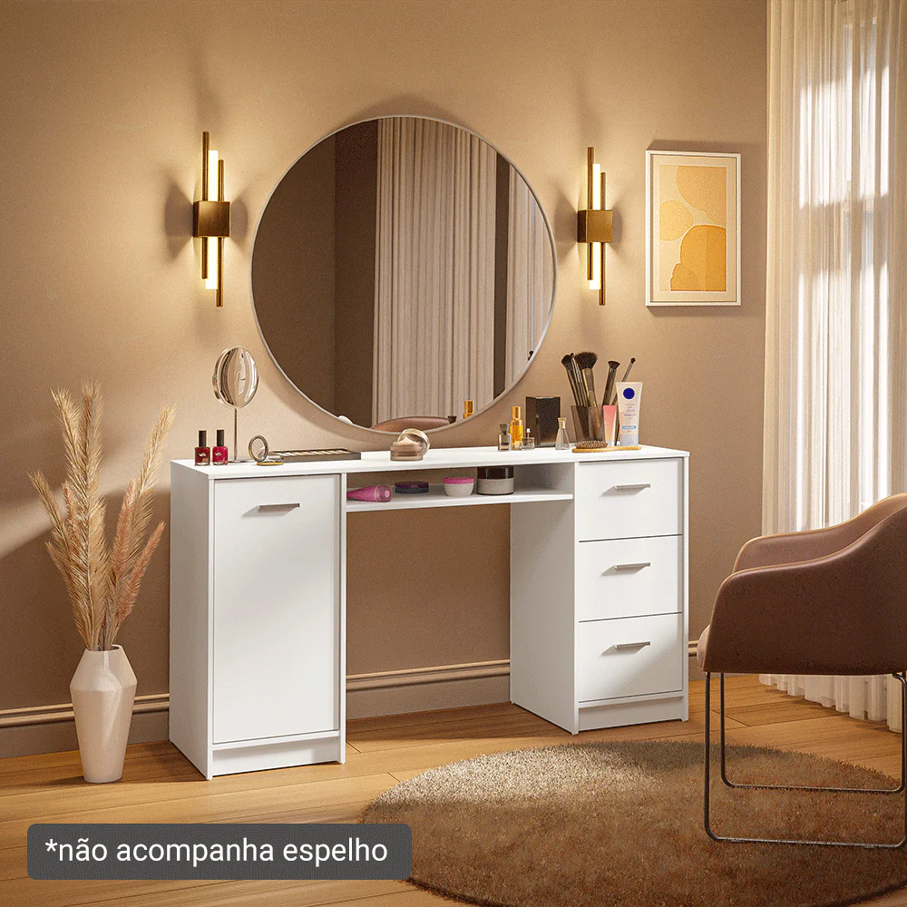 Escrivaninha Penteadeira 136cm 1 Porta 3 Gavetas Branco Madesa - Image 8