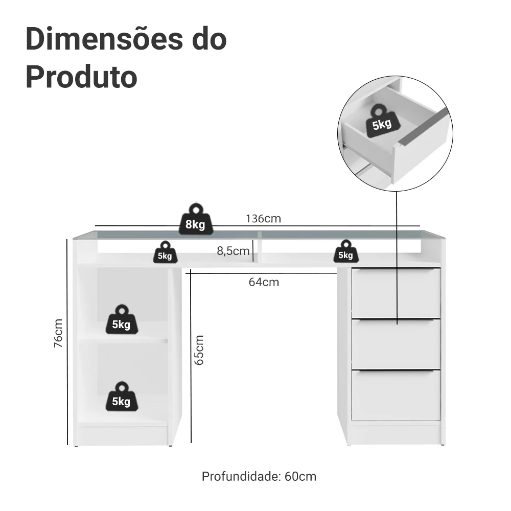 Escrivaninha Penteadeira 136cm 1 Porta 3 Gavetas Tampo de Vidro Branco Madesa - Image 3