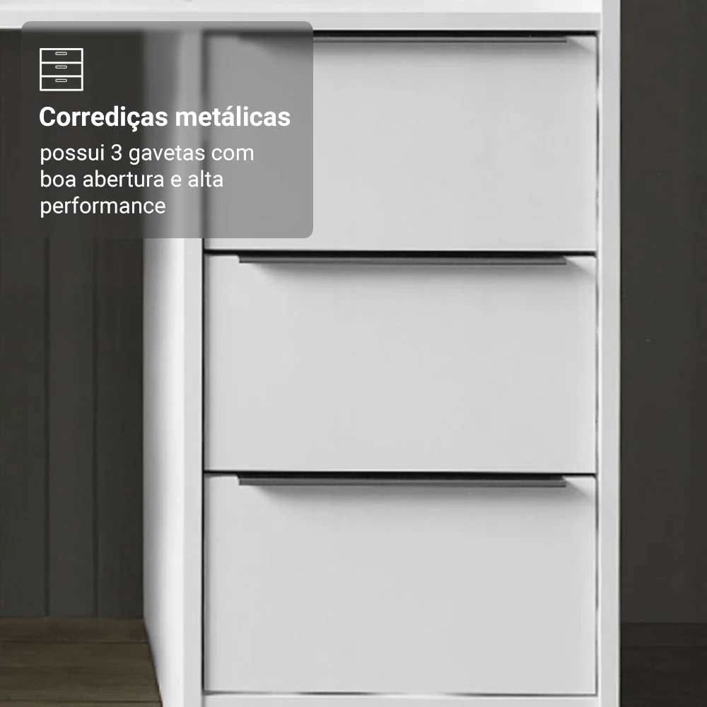 Escrivaninha Penteadeira 136cm 1 Porta 3 Gavetas Tampo de Vidro Branco Madesa - Image 5