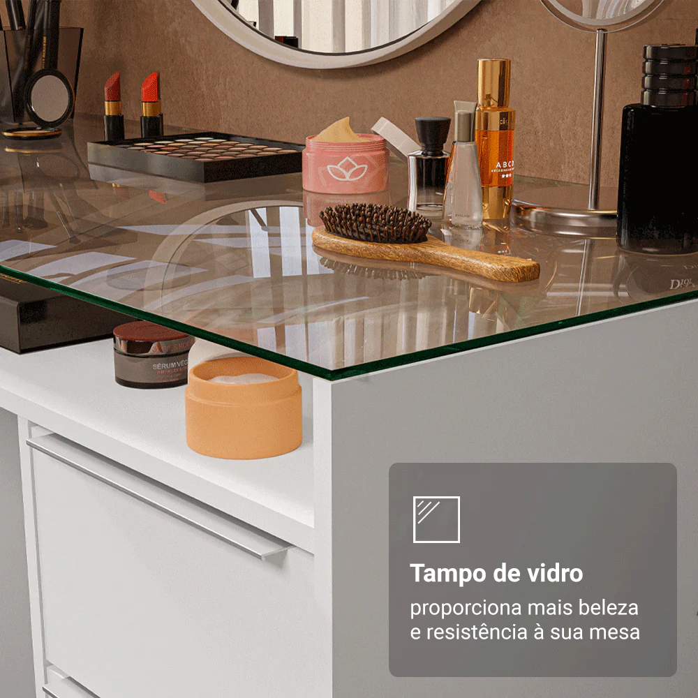 Escrivaninha Penteadeira 136cm 1 Porta 3 Gavetas Tampo de Vidro Branco Madesa - Image 6