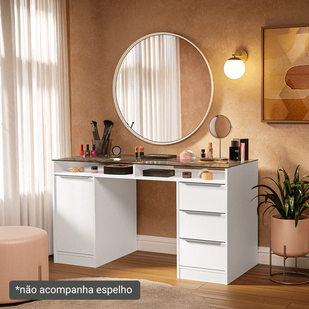 Escrivaninha Penteadeira 136cm 1 Porta 3 Gavetas Tampo de Vidro Branco Madesa - Image 7