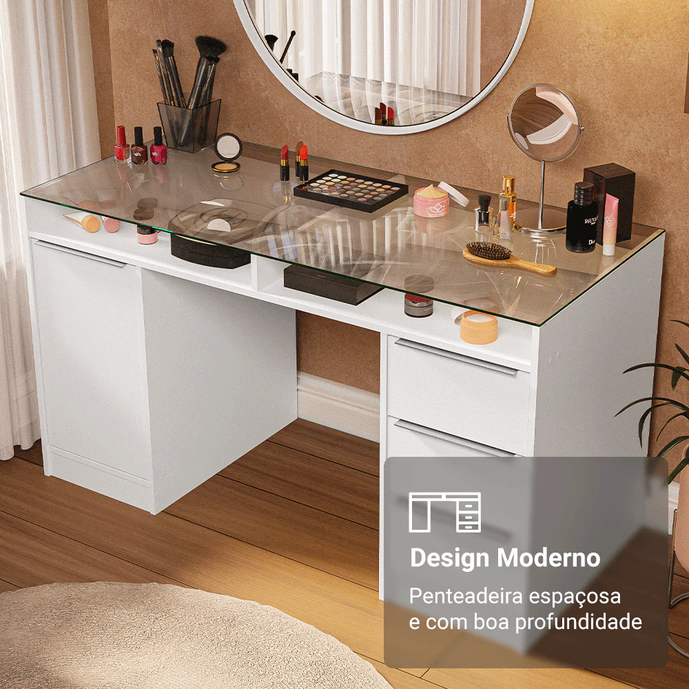 Escrivaninha Penteadeira 136cm 1 Porta 3 Gavetas Tampo de Vidro Branco Madesa - Image 8