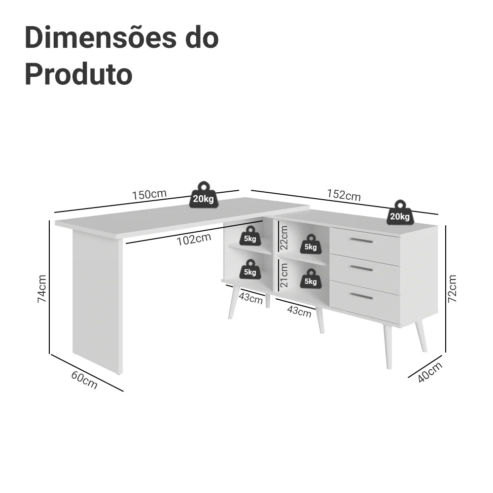 Escrivaninha Penteadeira de Canto 3 Gavetas Branco Madesa - Image 3