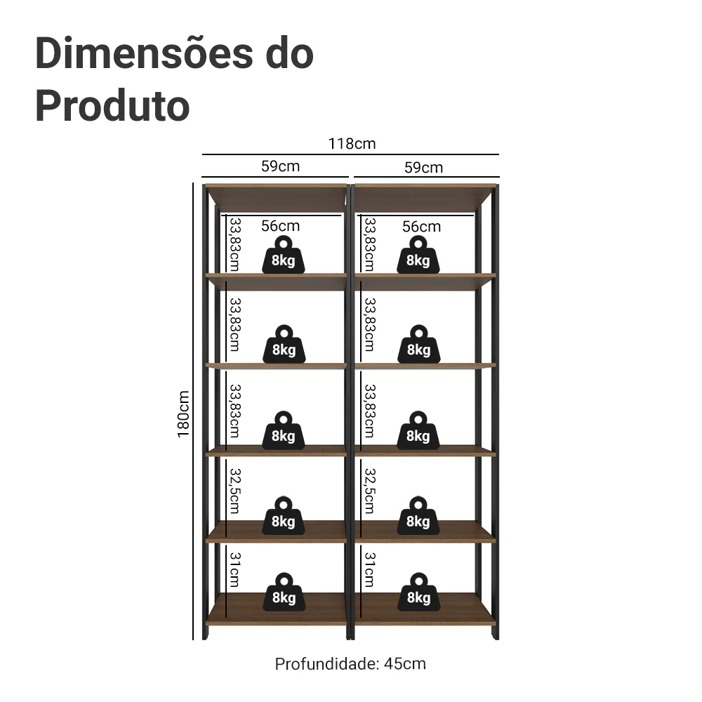 Estante Armário Multiuso para Escritório 118cm 10 Prateleiras Rustic/Preto Madesa - Image 3