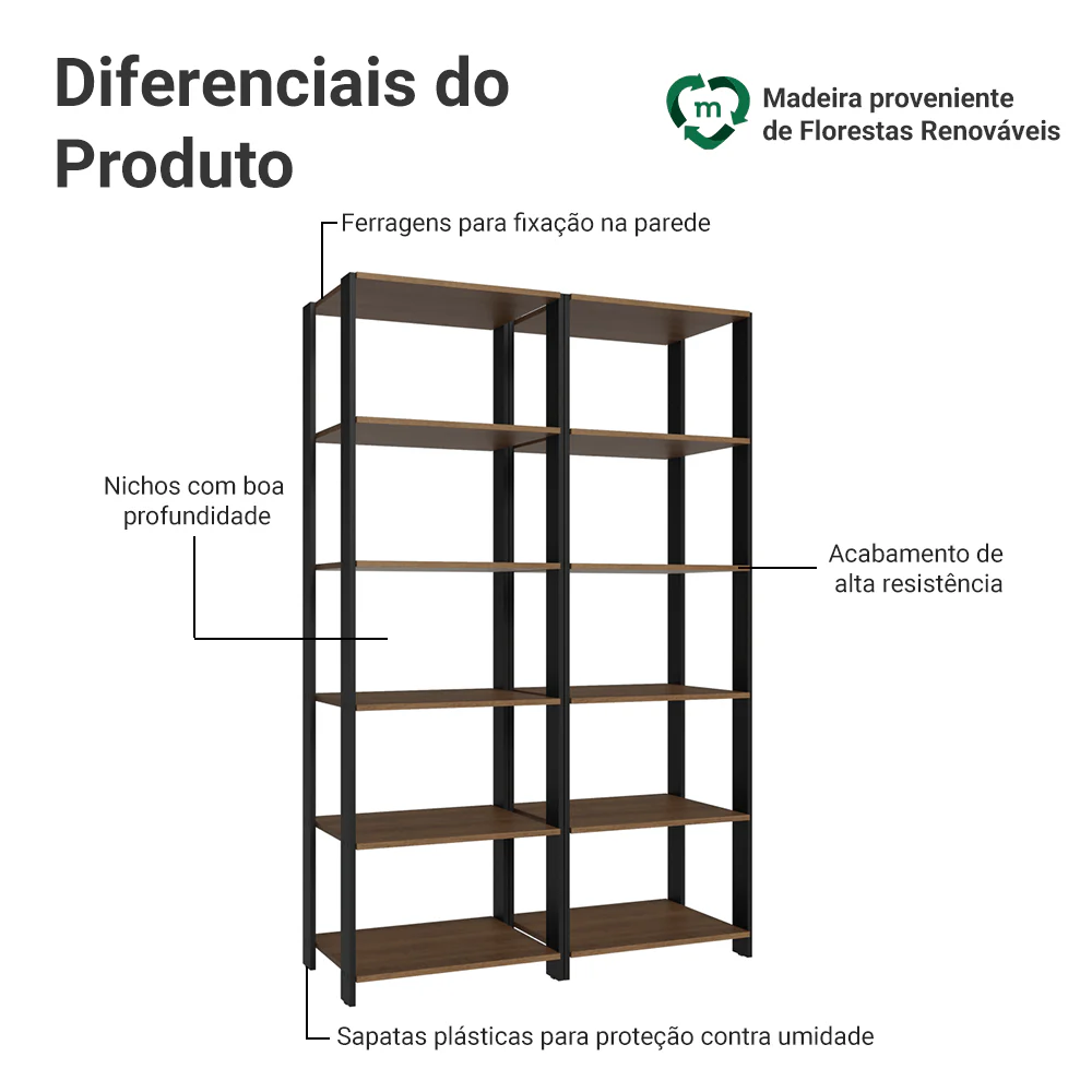 Estante Armário Multiuso para Escritório 118cm 10 Prateleiras Rustic/Preto Madesa - Image 4