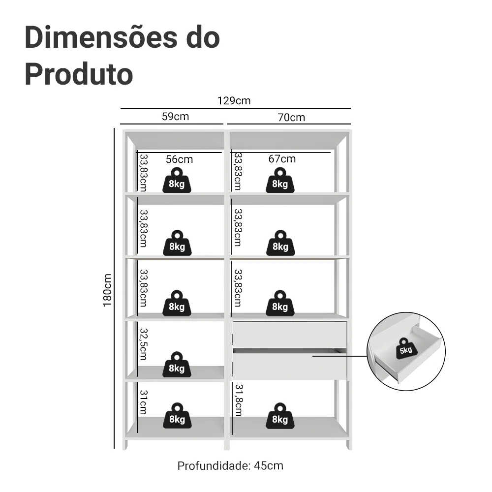 Estante Armário Multiuso para Escritório 129cm 9 Prateleiras 2 Gavetas Branco Madesa - Image 3