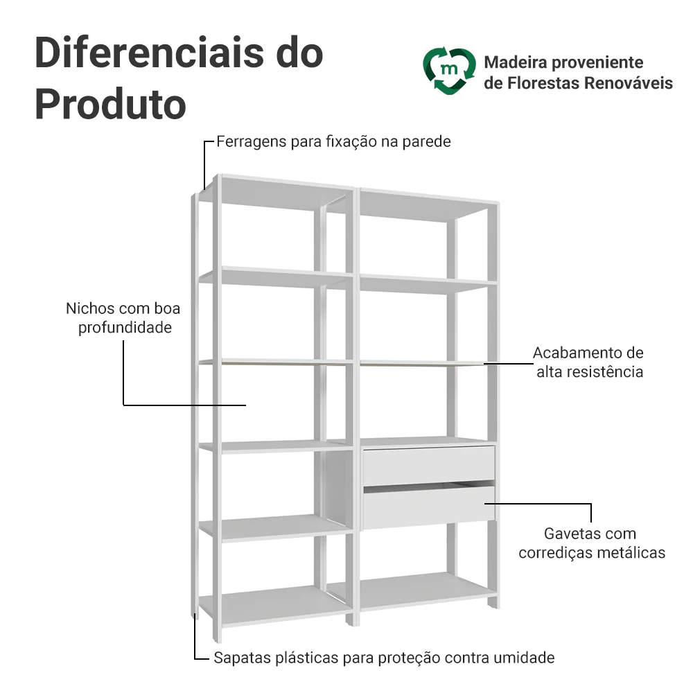 Estante Armário Multiuso para Escritório 129cm 9 Prateleiras 2 Gavetas Branco Madesa - Image 4