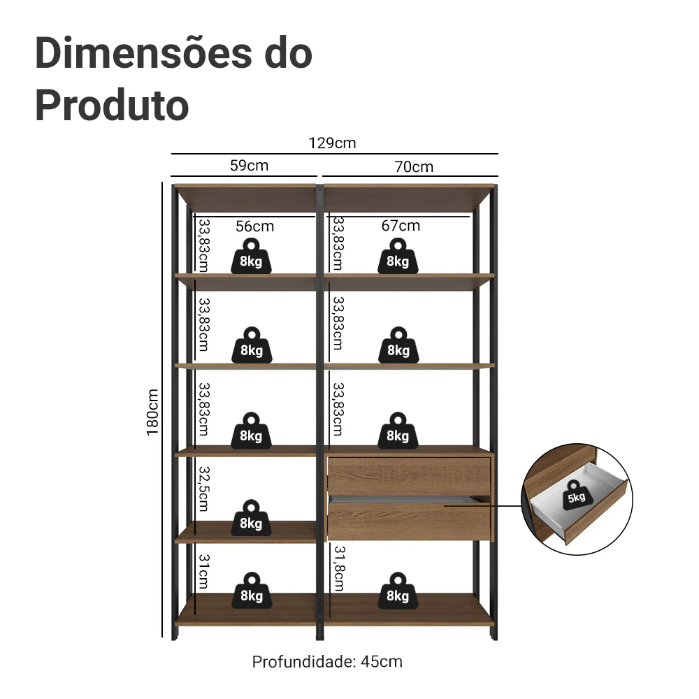Estante Armário Multiuso para Escritório 129cm 9 Prateleiras 2 Gavetas Rustic/Preto Madesa - Image 3