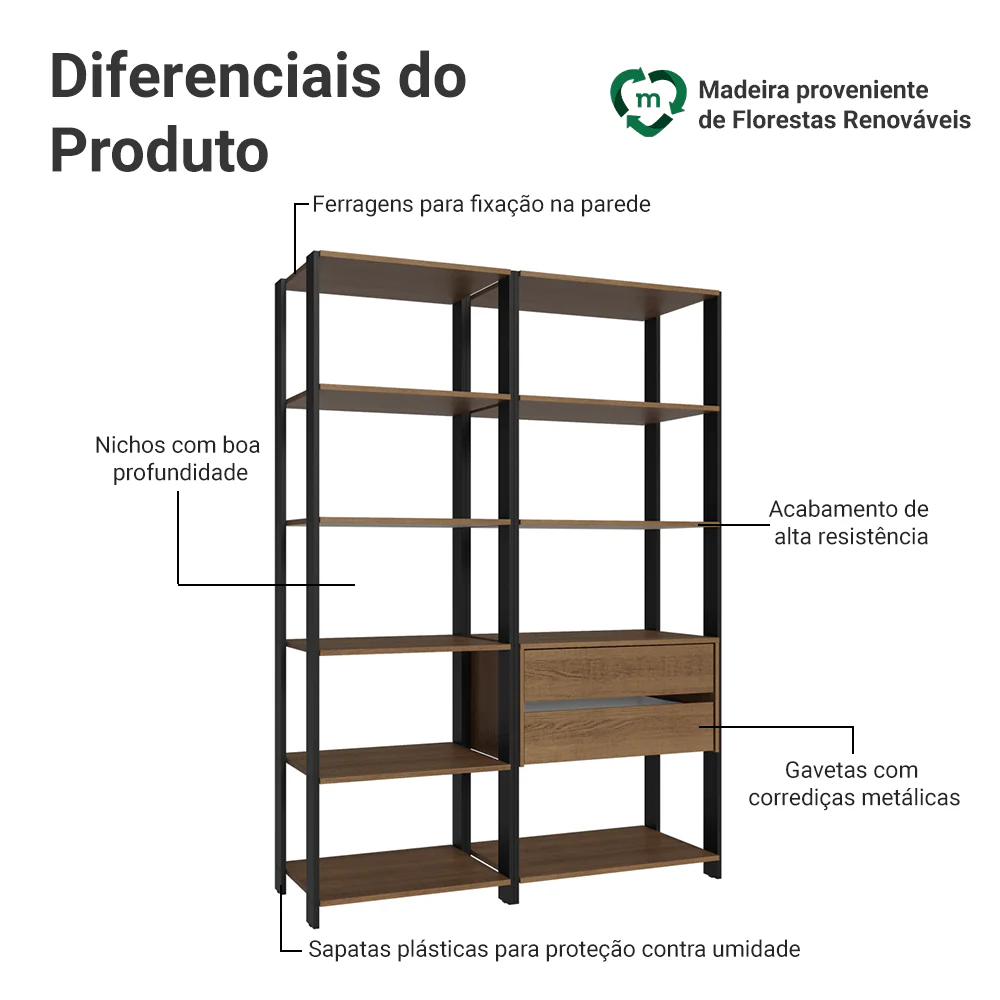 Estante Armário Multiuso para Escritório 129cm 9 Prateleiras 2 Gavetas Rustic/Preto Madesa - Image 4