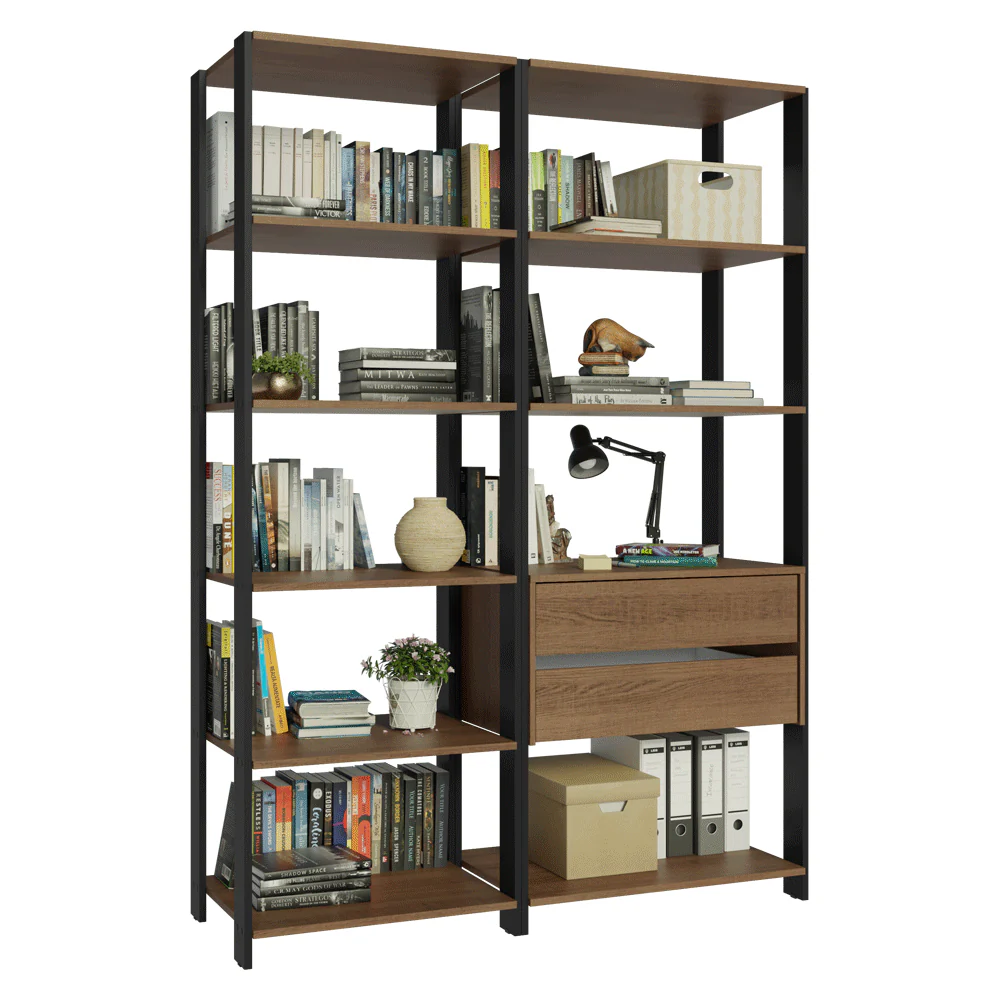 Estante Armário Multiuso para Escritório 129cm 9 Prateleiras 2 Gavetas Rustic/Preto Madesa - Image 8