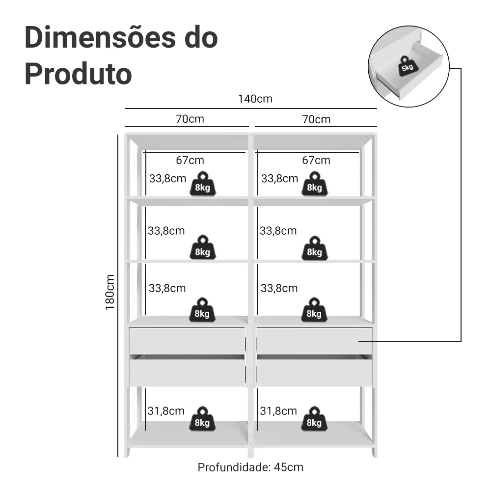 Estante Armário Multiuso para Livros 4 Gavetas 8 Prateleiras 140cm Branco Madesa - Image 3