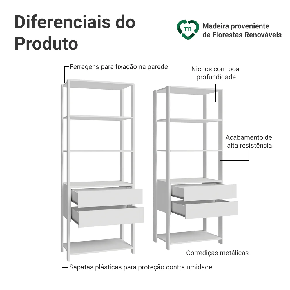 Estante Armário Multiuso para Livros 4 Gavetas 8 Prateleiras 140cm Branco Madesa - Image 4