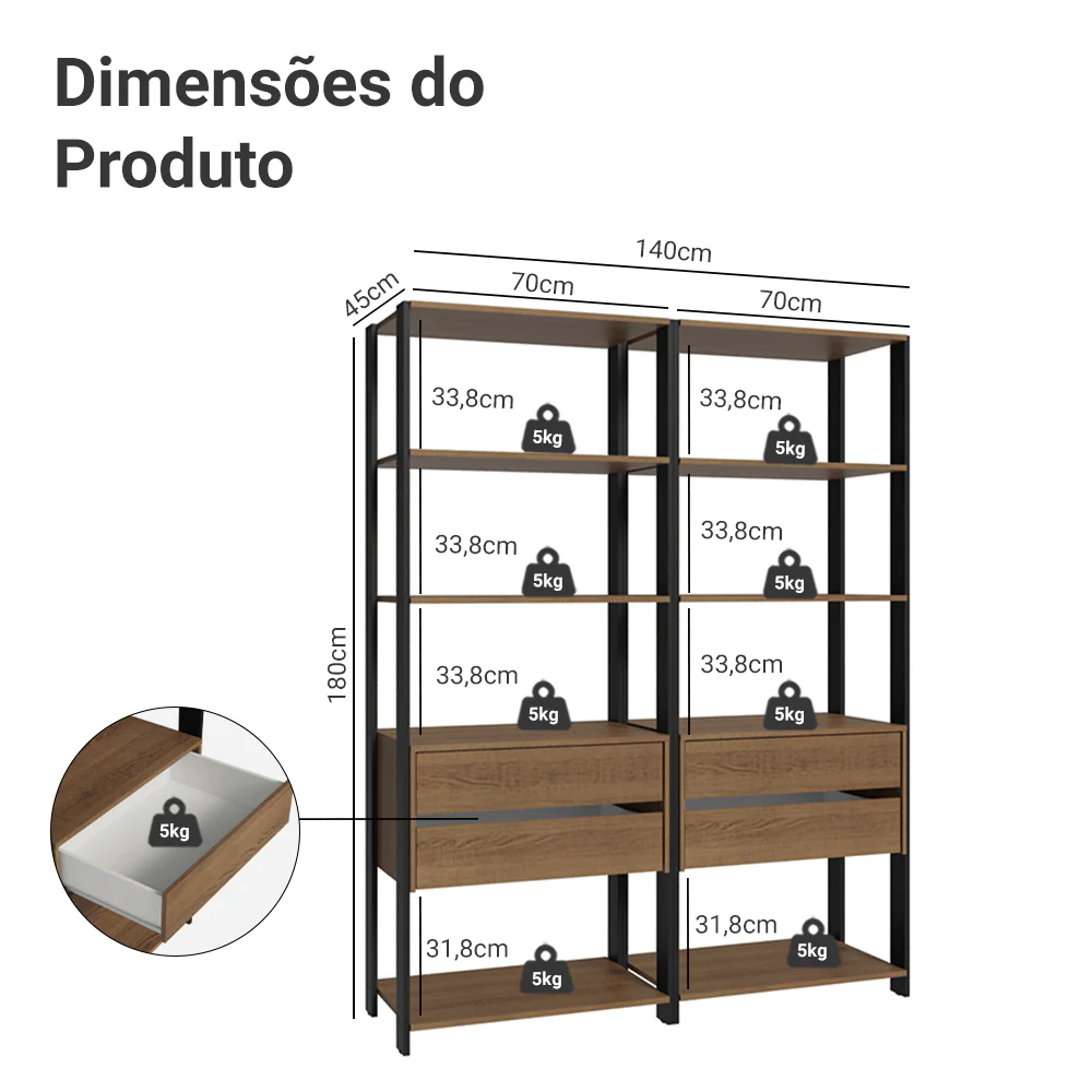 Estante Armário Multiuso para Livros 4 Gavetas 8 prateleiras 140cm Rustic/Preto Madesa - Image 3