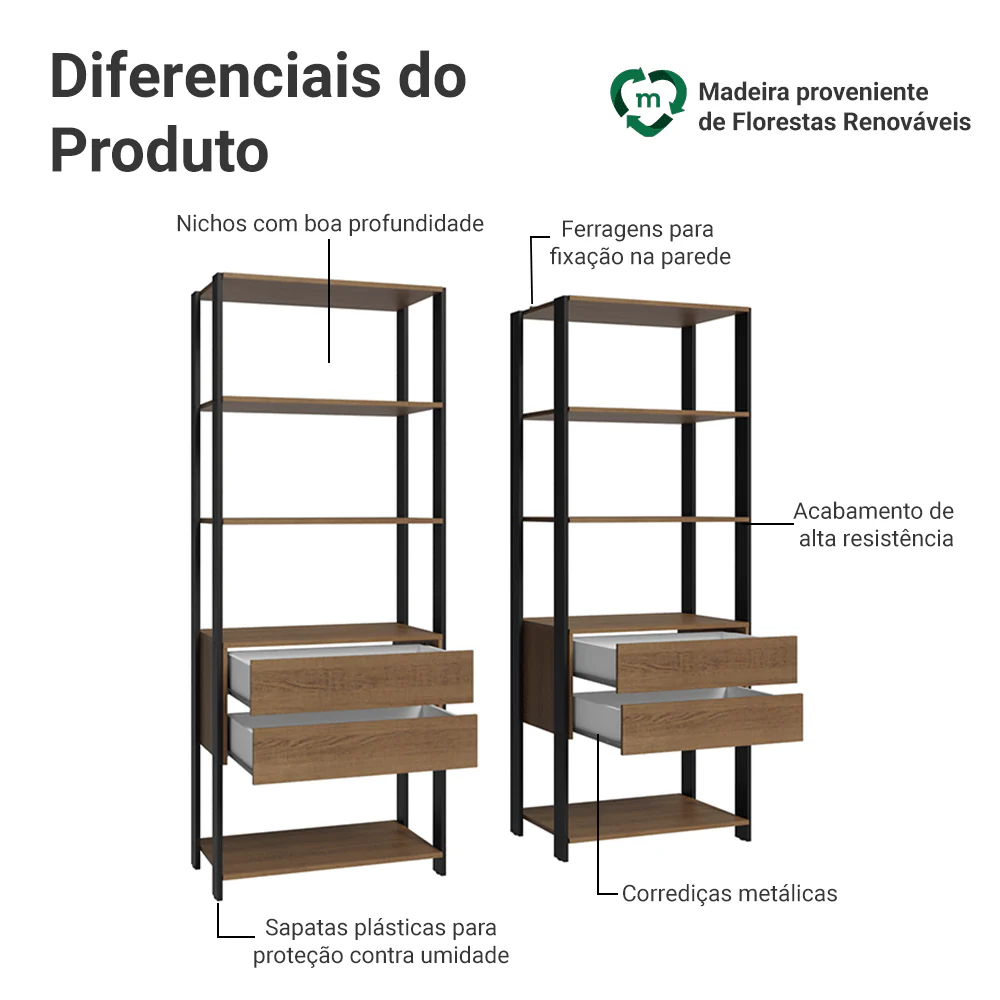 Estante Armário Multiuso para Livros 4 Gavetas 8 prateleiras 140cm Rustic/Preto Madesa - Image 4