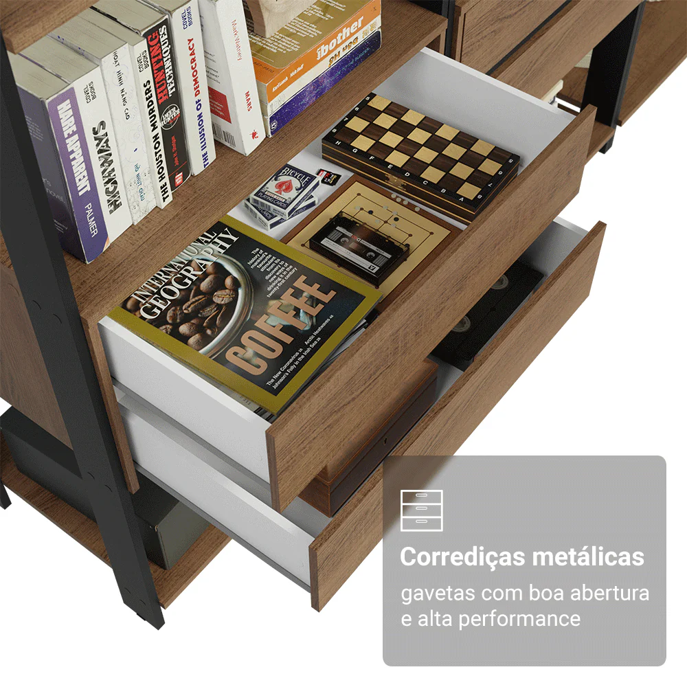 Estante Armário Multiuso para Livros 4 Gavetas 8 prateleiras 140cm Rustic/Preto Madesa - Image 8