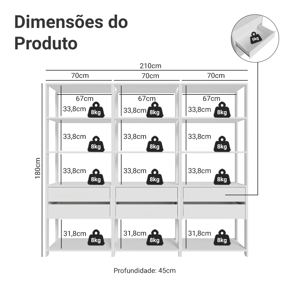 Estante Armário Multiuso para Livros 6 Gavetas 12 Prateleiras 210cm Branco Madesa - Image 3